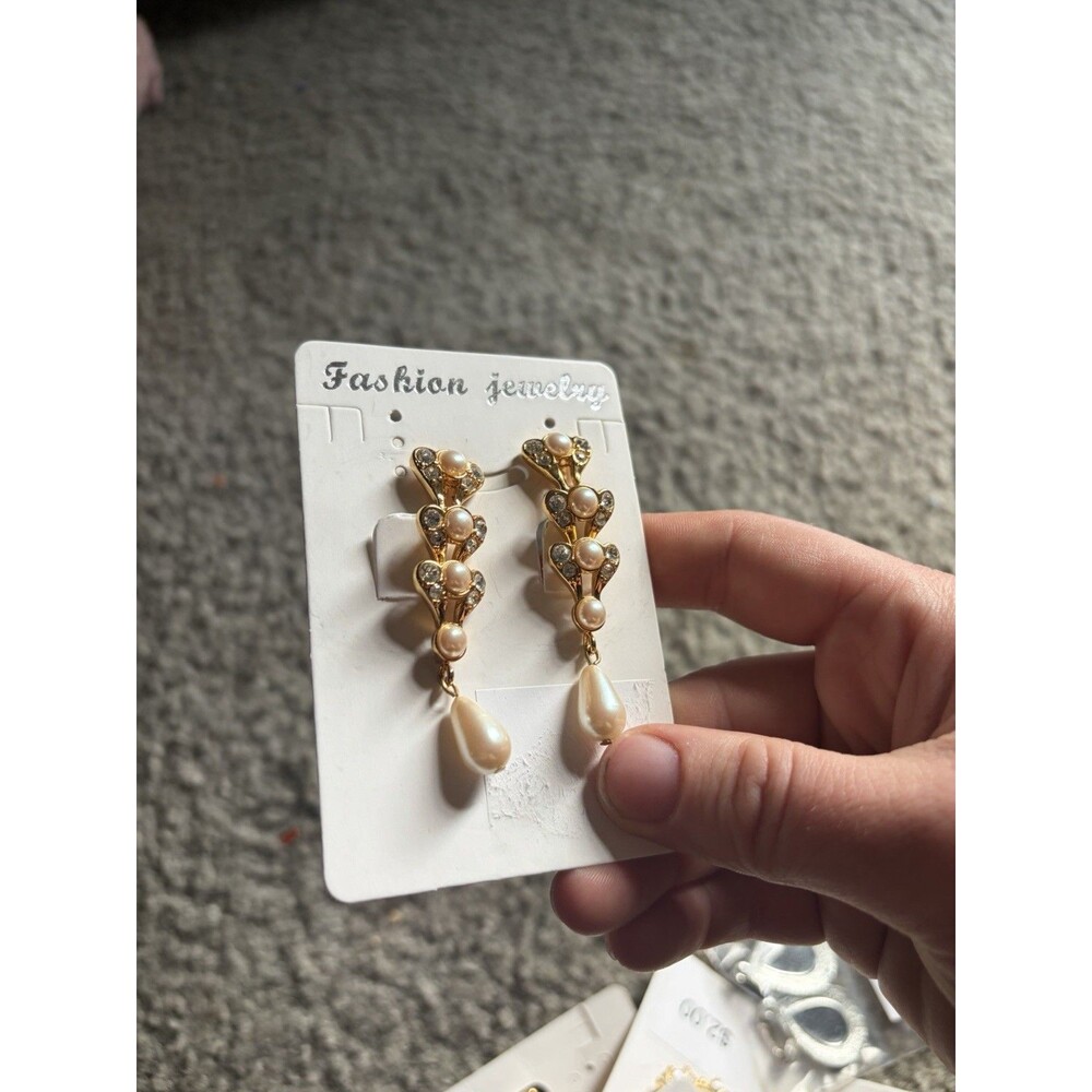 Vintage Monet Faux Pearl Rhinestone Chandelier Dangle Clip On Earrings 2”